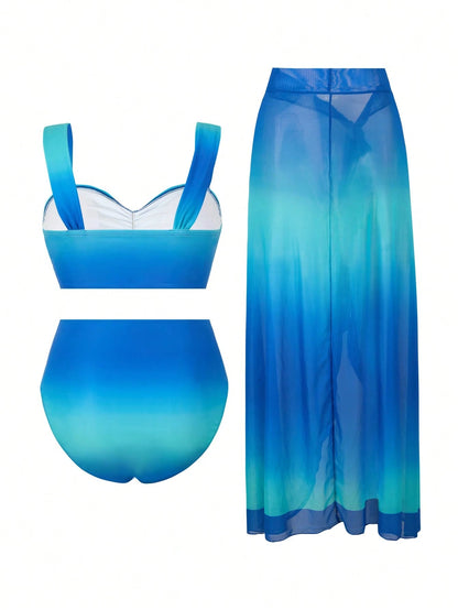 Swim Oasis Plus Size Women Ombre Casual Vacation Ruched Bikini Set With Cover-Up Skirt