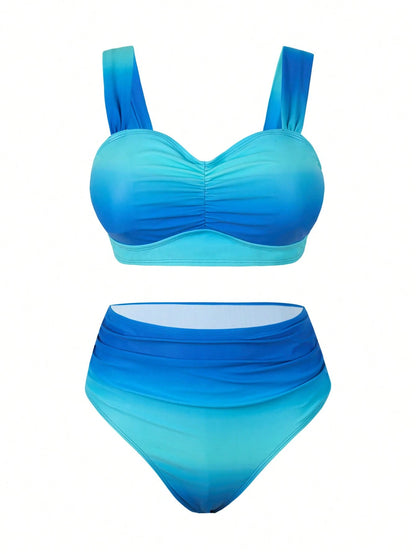 Swim Oasis Plus Size Women Ombre Casual Vacation Ruched Bikini Set With Cover-Up Skirt