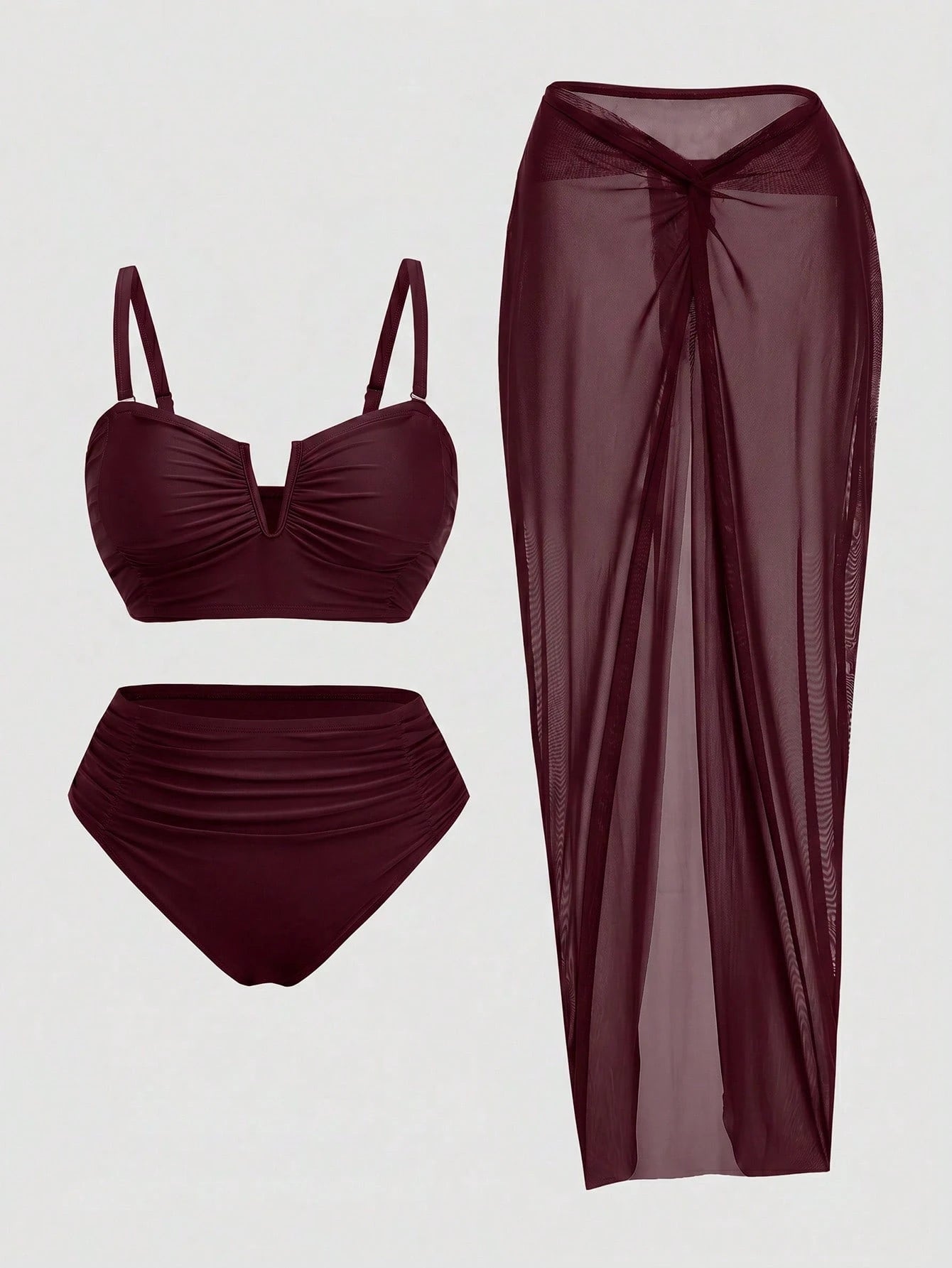 Swim Oasis Plus Size Women's 3-Piece Swimsuit Set With Ruched Camisole Top, Triangle Bikini Bottoms And Sheer Maxi Skirt
