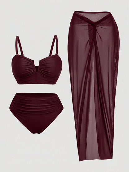 Swim Oasis Plus Size Women's 3-Piece Swimsuit Set With Ruched Camisole Top, Triangle Bikini Bottoms And Sheer Maxi Skirt