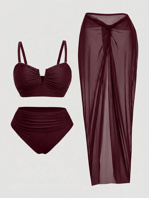 Swim Oasis Plus Size Women's 3-Piece Swimsuit Set With Ruched Camisole Top, Triangle Bikini Bottoms And Sheer Maxi Skirt