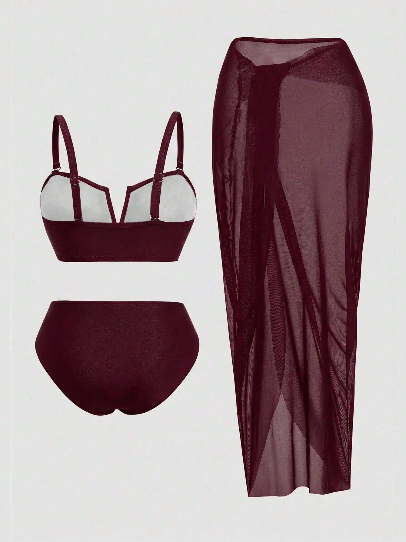 Swim Oasis Plus Size Women's 3-Piece Swimsuit Set With Ruched Camisole Top, Triangle Bikini Bottoms And Sheer Maxi Skirt