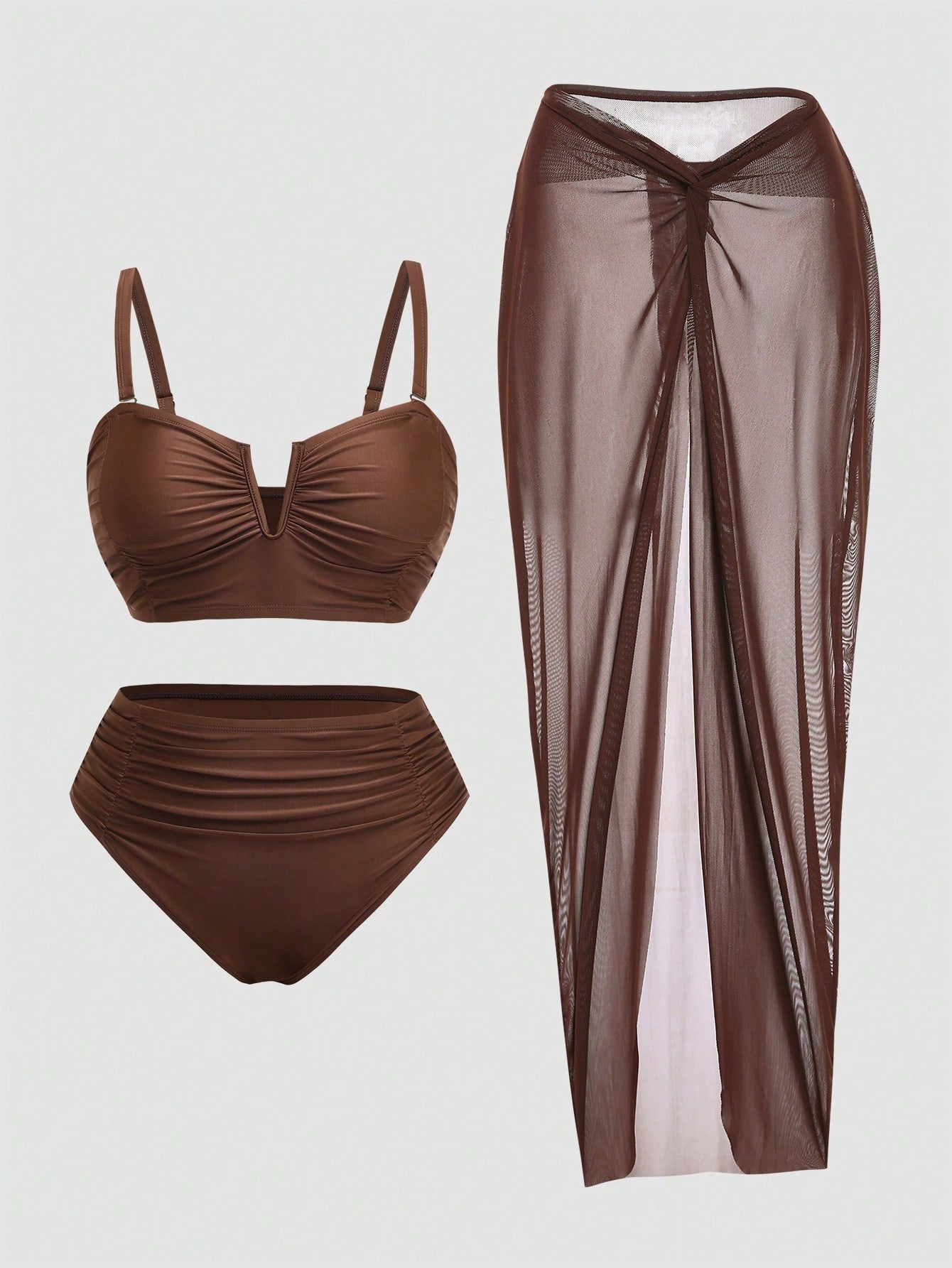 Swim Oasis Plus Size Women's 3-Piece Swimsuit Set With Ruched Camisole Top, Triangle Bikini Bottoms And Sheer Maxi Skirt