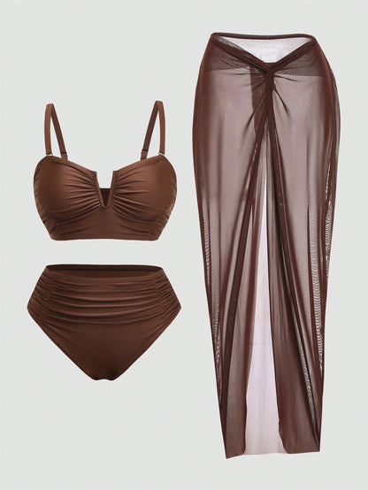 Swim Oasis Plus Size Women's 3-Piece Swimsuit Set With Ruched Camisole Top, Triangle Bikini Bottoms And Sheer Maxi Skirt