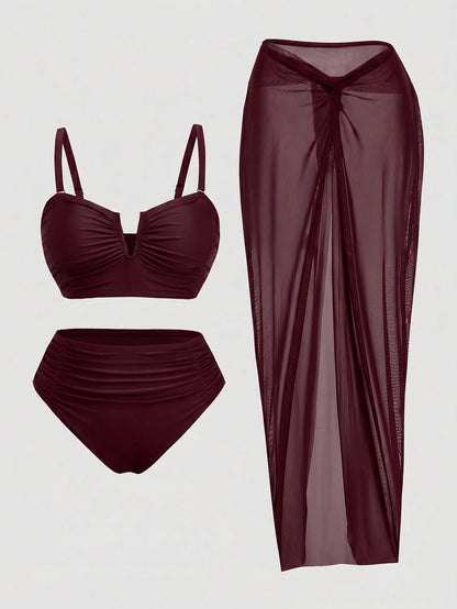 Swim Oasis Plus Size Women's 3-Piece Swimsuit Set With Ruched Camisole Top, Triangle Bikini Bottoms And Sheer Maxi Skirt