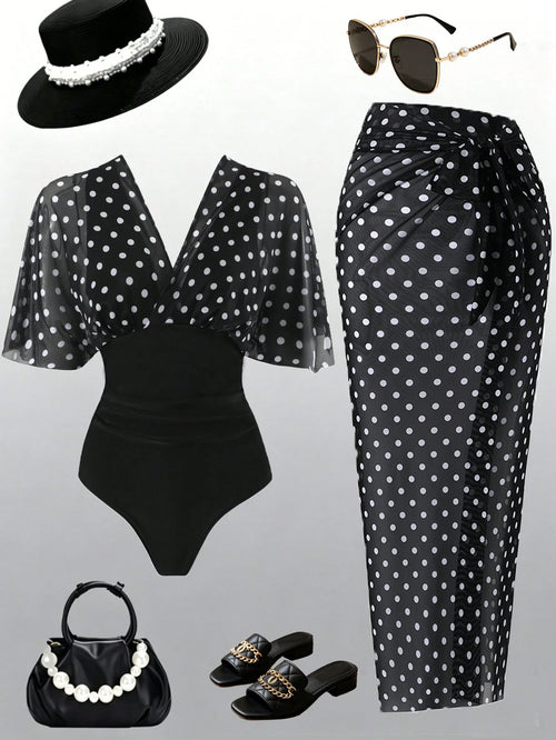 Swim Oasis Plus Size Women's Vintage Polka Dot One-Piece Swimsuit & Coverup Skirt Set,Black,Summer,1920s Flapper,Formal,Evening,Vacation,Holiday Beach Wear