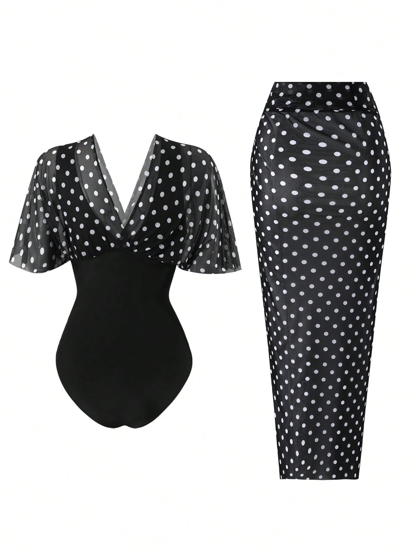 Swim Oasis Plus Size Women's Vintage Polka Dot One-Piece Swimsuit & Coverup Skirt Set,Black,Summer,1920s Flapper,Formal,Evening,Vacation,Holiday Beach Wear