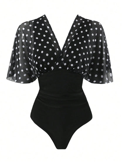 Swim Oasis Plus Size Women's Vintage Polka Dot One-Piece Swimsuit & Coverup Skirt Set,Black,Summer,1920s Flapper,Formal,Evening,Vacation,Holiday Beach Wear