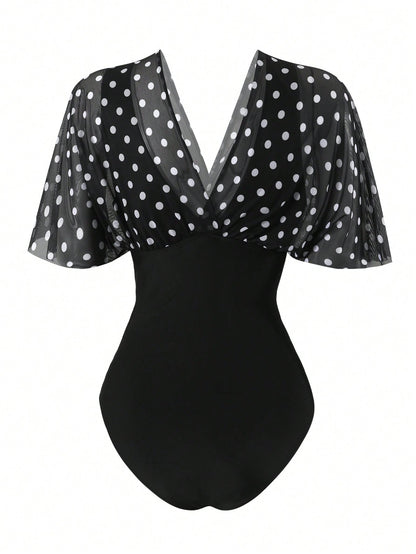 Swim Oasis Plus Size Women's Vintage Polka Dot One-Piece Swimsuit & Coverup Skirt Set,Black,Summer,1920s Flapper,Formal,Evening,Vacation,Holiday Beach Wear