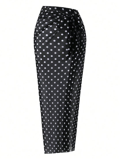 Swim Oasis Plus Size Women's Vintage Polka Dot One-Piece Swimsuit & Coverup Skirt Set,Black,Summer,1920s Flapper,Formal,Evening,Vacation,Holiday Beach Wear