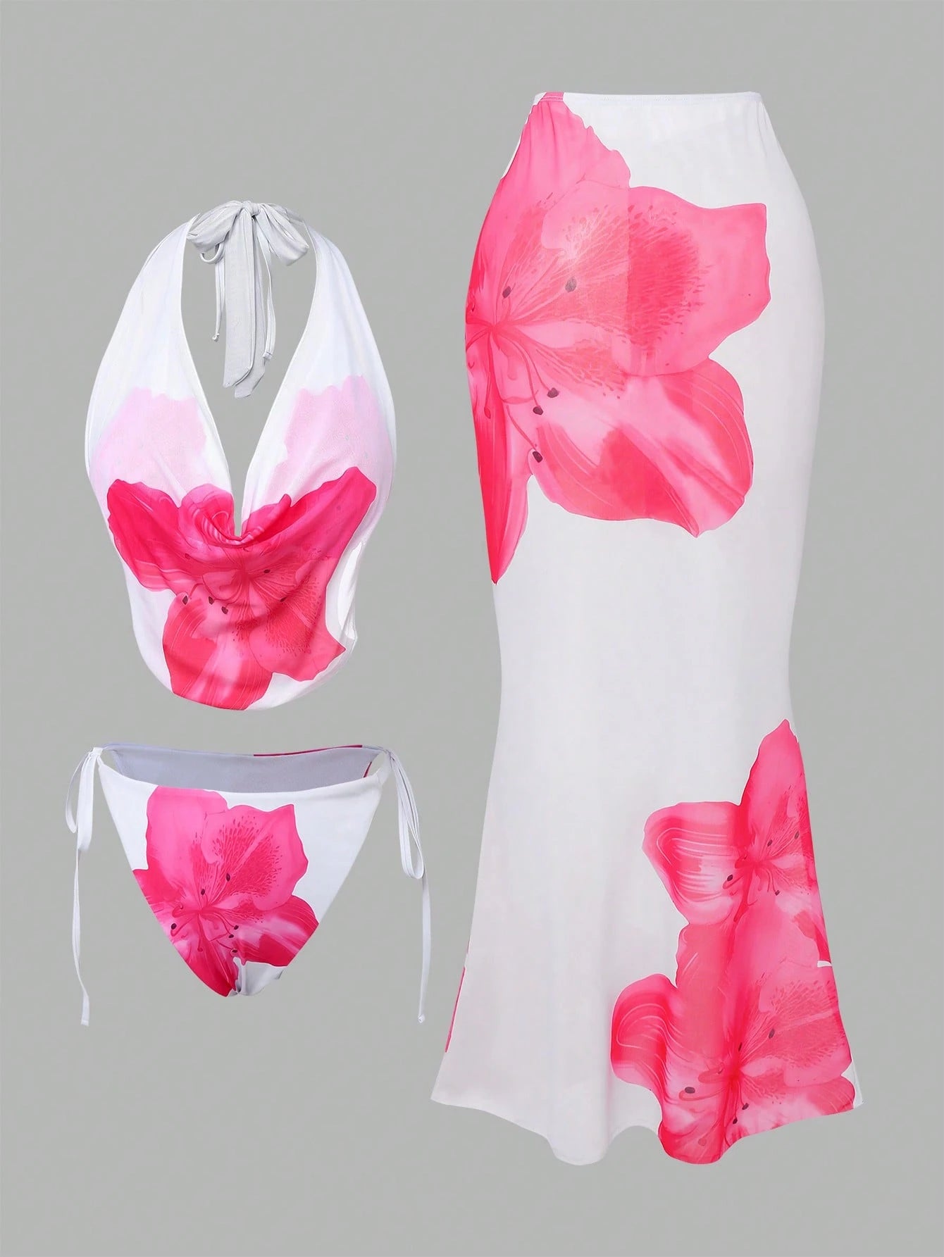 Swim Oasis Plus Size Women White Summer Beach Floral Hibiscus Print Halter Tie Bikini Set With Sarong Skirt 3 Pieces Holiday Holiday Bathing Suit Swimwear