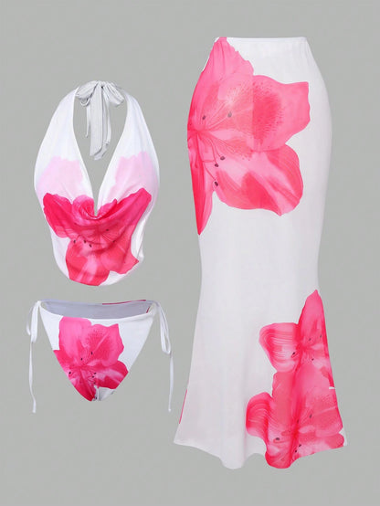 Swim Oasis Plus Size Women White Summer Beach Floral Hibiscus Print Halter Tie Bikini Set With Sarong Skirt 3 Pieces Holiday Holiday Bathing Suit Swimwear