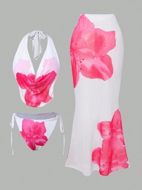 Swim Oasis Plus Size Women White Summer Beach Floral Hibiscus Print Halter Tie Bikini Set With Sarong Skirt 3 Pieces Holiday Holiday Bathing Suit Swimwear