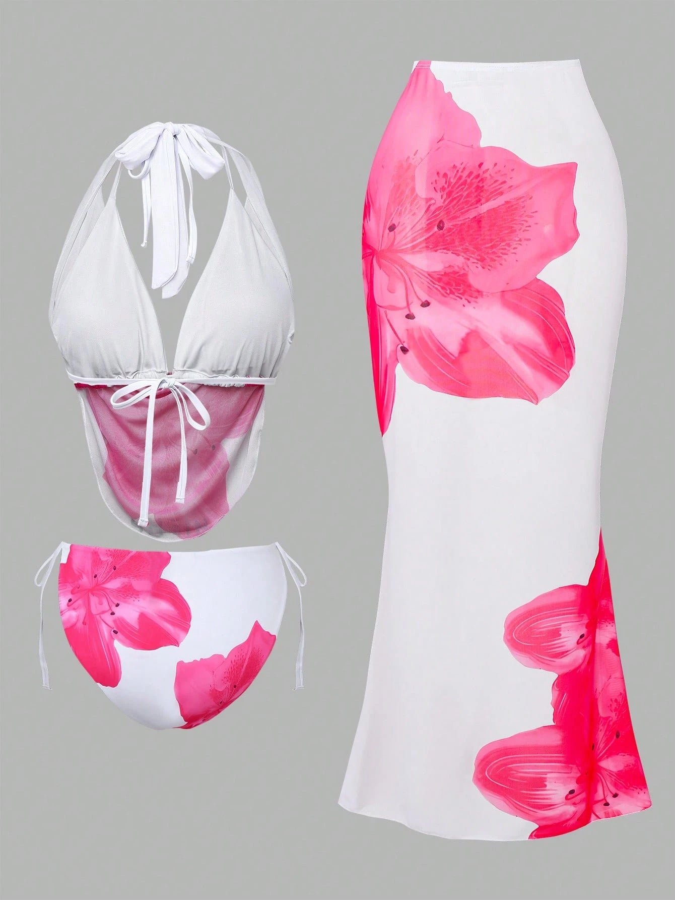 Swim Oasis Plus Size Women White Summer Beach Floral Hibiscus Print Halter Tie Bikini Set With Sarong Skirt 3 Pieces Holiday Holiday Bathing Suit Swimwear