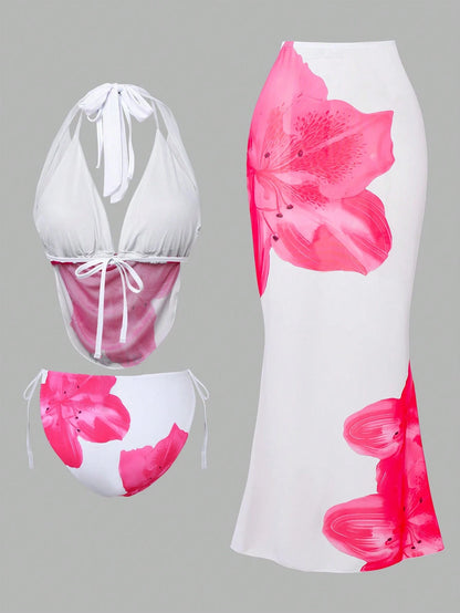Swim Oasis Plus Size Women White Summer Beach Floral Hibiscus Print Halter Tie Bikini Set With Sarong Skirt 3 Pieces Holiday Holiday Bathing Suit Swimwear