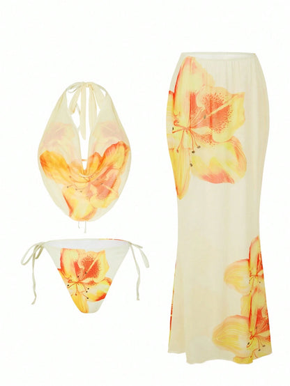 Swim Oasis Plus Size Women White Summer Beach Floral Hibiscus Print Halter Tie Bikini Set With Sarong Skirt 3 Pieces Holiday Holiday Bathing Suit Swimwear
