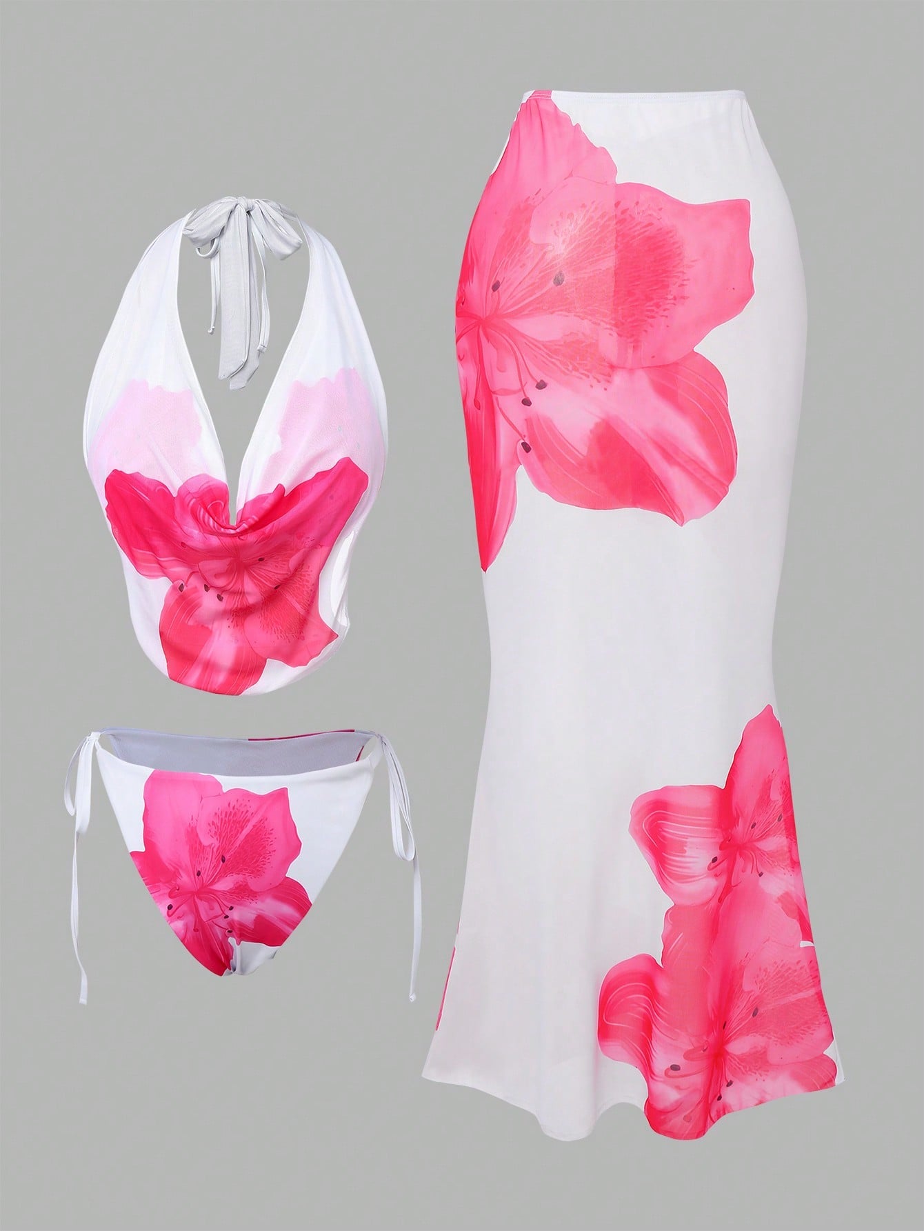 Swim Oasis Plus Size Women White Summer Beach Floral Hibiscus Print Halter Tie Bikini Set With Sarong Skirt 3 Pieces Holiday Holiday Bathing Suit Swimwear