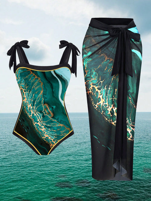 Swim Oasis Summer Beach 2pcs/Set Plus Size Women's Marble Pattern One-Piece Swimsuit With Cover-Up Skirt Carnival
