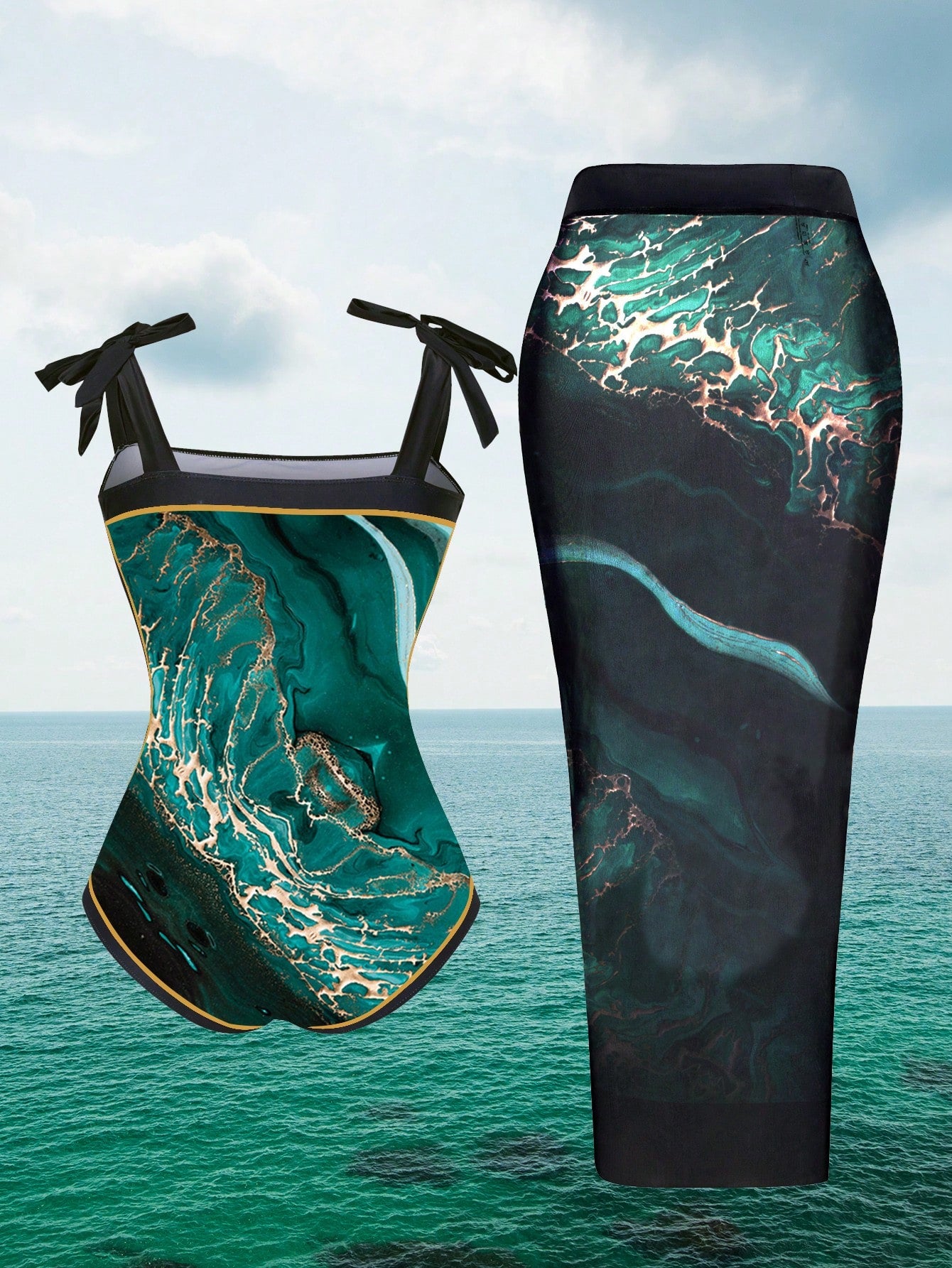 Swim Oasis Summer Beach 2pcs/Set Plus Size Women's Marble Pattern One-Piece Swimsuit With Cover-Up Skirt Carnival