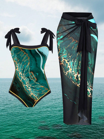 Swim Oasis Summer Beach 2pcs/Set Plus Size Women's Marble Pattern One-Piece Swimsuit With Cover-Up Skirt Carnival