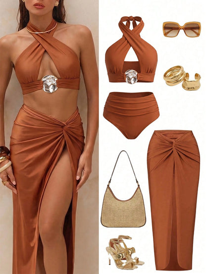 Swim Oasis Women 3-Piece Swimwear Set Burnt Orange,Summer,Casual,Beach,Holiday,Vacation,Holiday Hollow-Out Metal Decor Crisscross Top,Shorts & Twist Knot Skirt