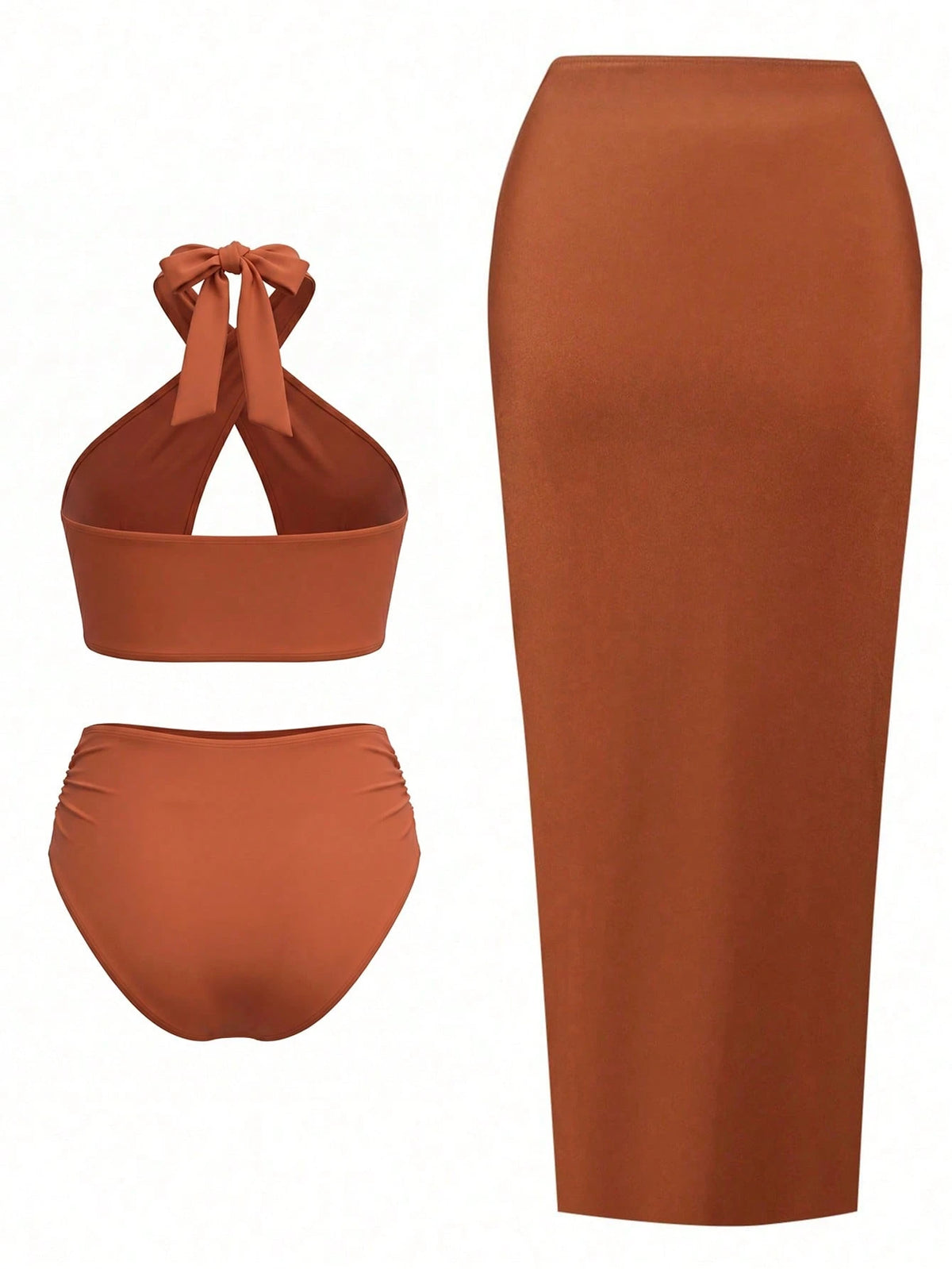 Swim Oasis Women 3-Piece Swimwear Set Burnt Orange,Summer,Casual,Beach,Holiday,Vacation,Holiday Hollow-Out Metal Decor Crisscross Top,Shorts & Twist Knot Skirt