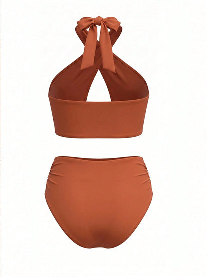 Swim Oasis Women 3-Piece Swimwear Set Burnt Orange,Summer,Casual,Beach,Holiday,Vacation,Holiday Hollow-Out Metal Decor Crisscross Top,Shorts & Twist Knot Skirt
