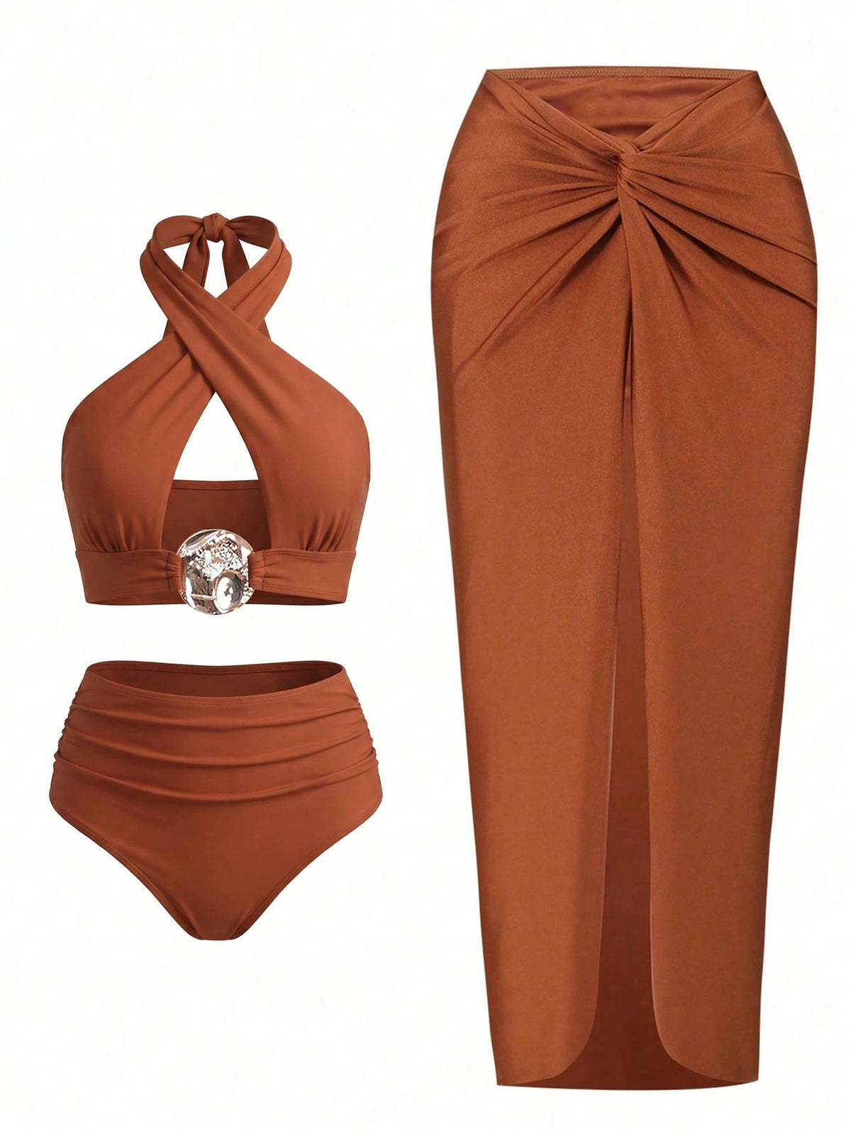 Swim Oasis Women 3-Piece Swimwear Set Burnt Orange,Summer,Casual,Beach,Holiday,Vacation,Holiday Hollow-Out Metal Decor Crisscross Top,Shorts & Twist Knot Skirt