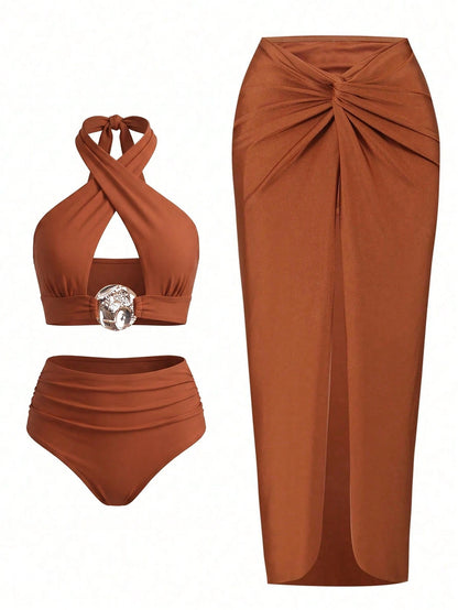 Swim Oasis Women 3-Piece Swimwear Set Burnt Orange,Summer,Casual,Beach,Holiday,Vacation,Holiday Hollow-Out Metal Decor Crisscross Top,Shorts & Twist Knot Skirt