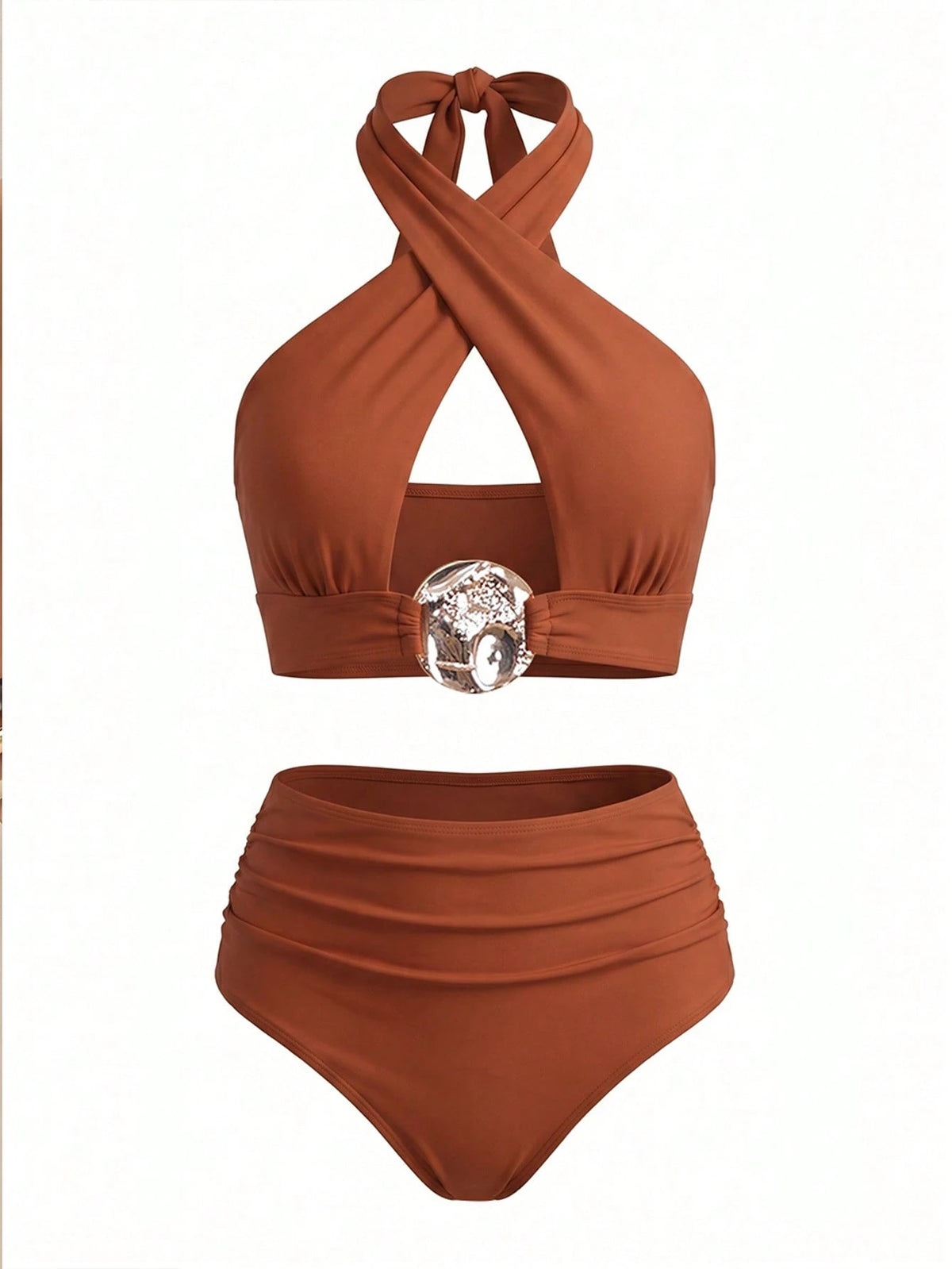 Swim Oasis Women 3-Piece Swimwear Set Burnt Orange,Summer,Casual,Beach,Holiday,Vacation,Holiday Hollow-Out Metal Decor Crisscross Top,Shorts & Twist Knot Skirt