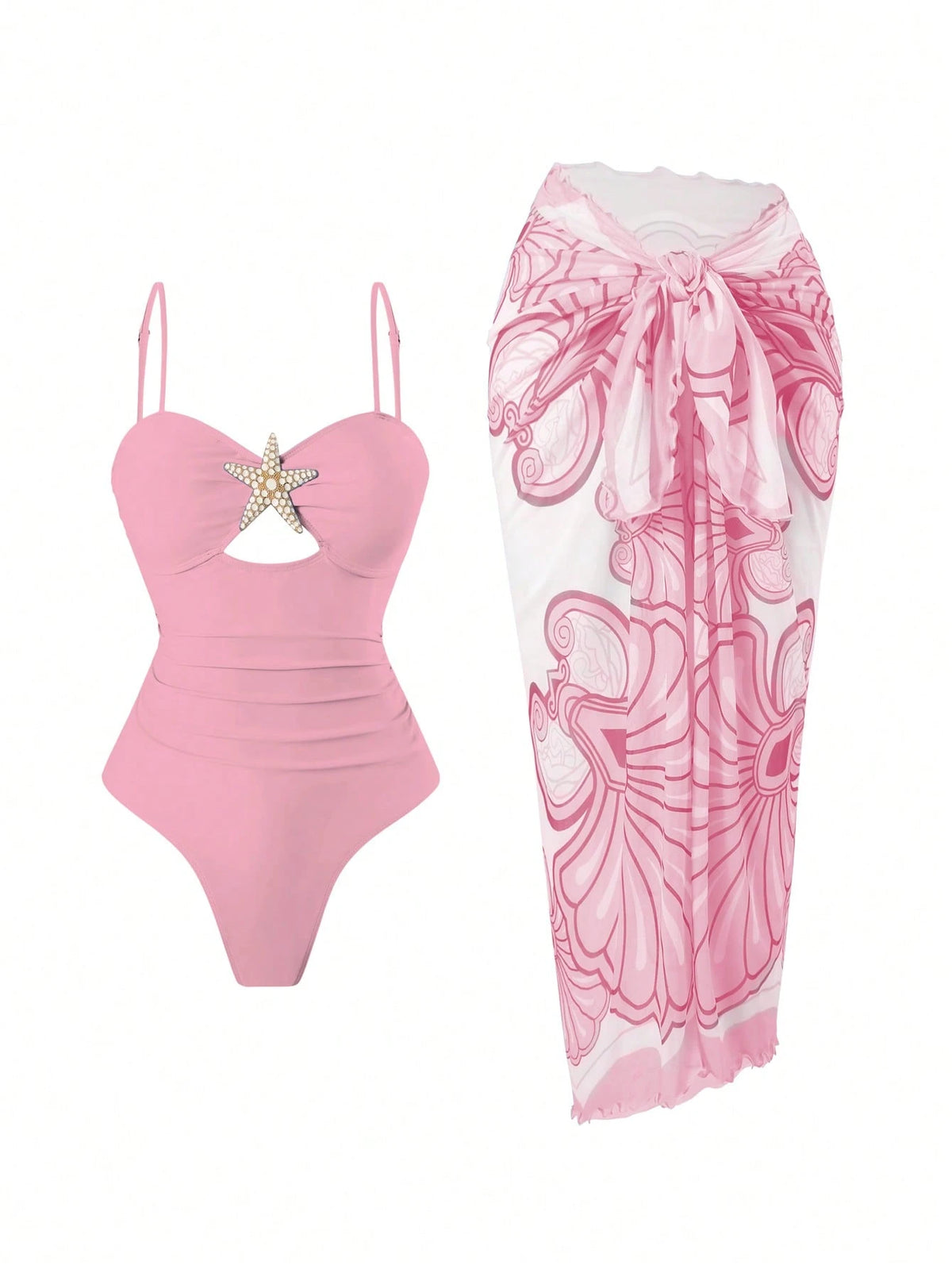 Swim Oasis Women's Summer Beach Vacation Hollow-Out Starfish Decor Ruched Slimming One-Piece Swimsuit With Tie-Up Maxi Skirt