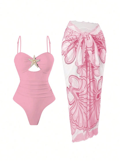 Swim Oasis Women's Summer Beach Vacation Hollow-Out Starfish Decor Ruched Slimming One-Piece Swimsuit With Tie-Up Maxi Skirt