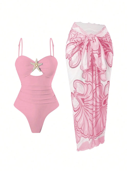 Swim Oasis Women's Summer Beach Vacation Hollow-Out Starfish Decor Ruched Slimming One-Piece Swimsuit With Tie-Up Maxi Skirt