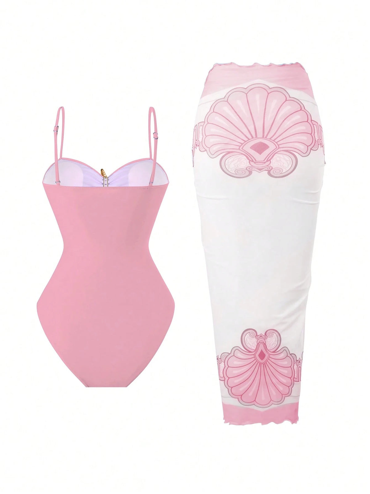 Swim Oasis Women's Summer Beach Vacation Hollow-Out Starfish Decor Ruched Slimming One-Piece Swimsuit With Tie-Up Maxi Skirt