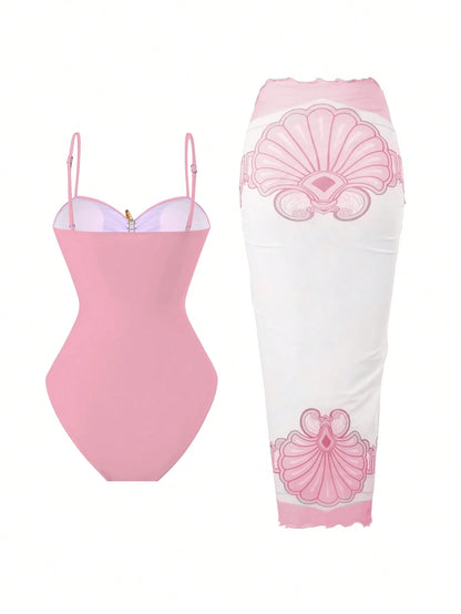 Swim Oasis Women's Summer Beach Vacation Hollow-Out Starfish Decor Ruched Slimming One-Piece Swimsuit With Tie-Up Maxi Skirt