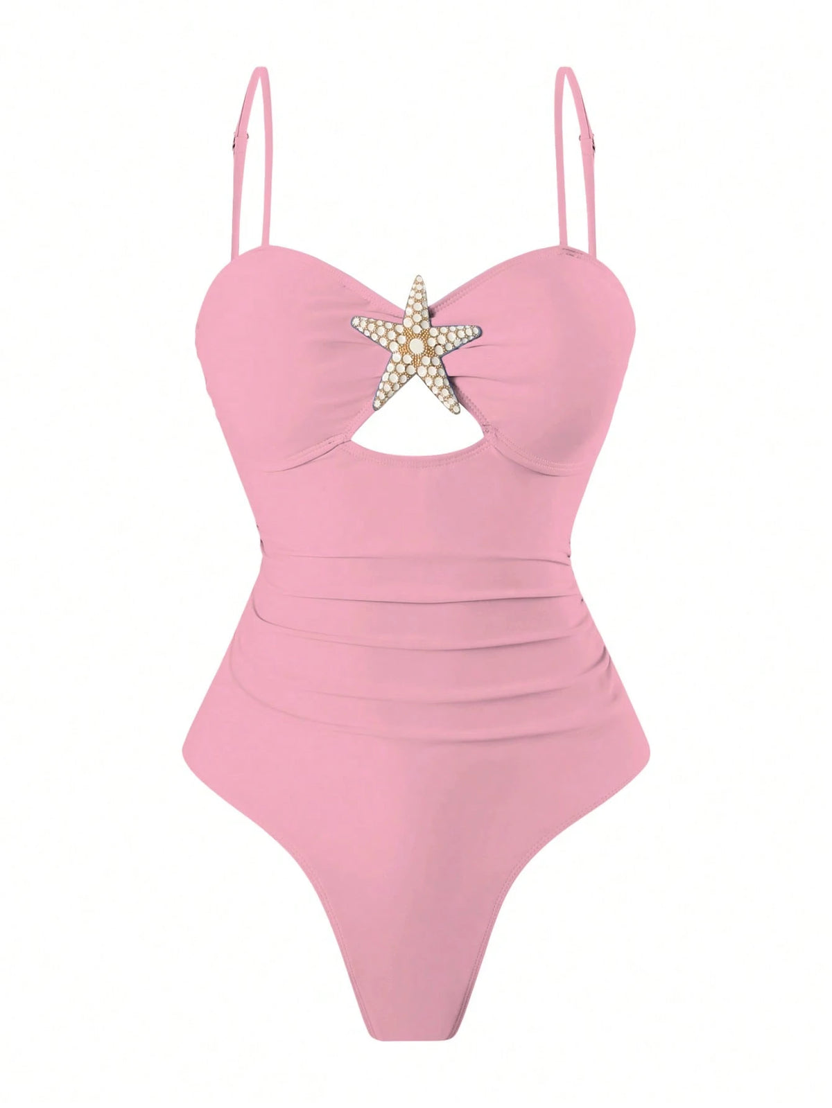 Swim Oasis Women's Summer Beach Vacation Hollow-Out Starfish Decor Ruched Slimming One-Piece Swimsuit With Tie-Up Maxi Skirt