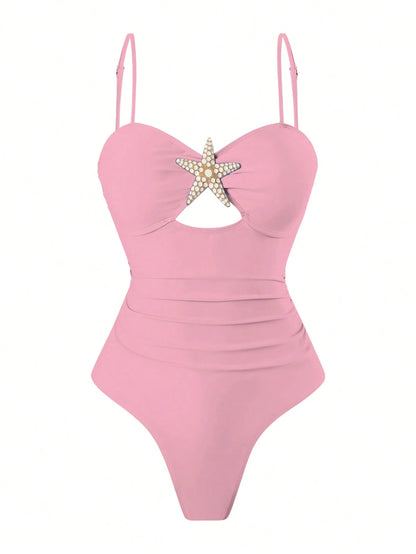 Swim Oasis Women's Summer Beach Vacation Hollow-Out Starfish Decor Ruched Slimming One-Piece Swimsuit With Tie-Up Maxi Skirt