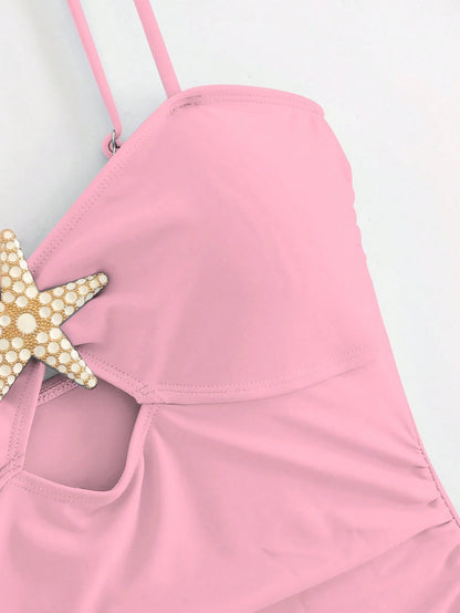 Swim Oasis Women's Summer Beach Vacation Hollow-Out Starfish Decor Ruched Slimming One-Piece Swimsuit With Tie-Up Maxi Skirt