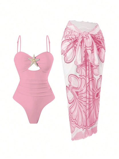 Swim Oasis Women's Summer Beach Vacation Hollow-Out Starfish Decor Ruched Slimming One-Piece Swimsuit With Tie-Up Maxi Skirt