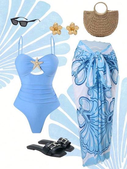 Swim Oasis Women Summer Beach Holiday Hollow-Out Starfish Decor Ruched Tummy Control One-Piece Swimsuit With Tie Waist Maxi Skirt