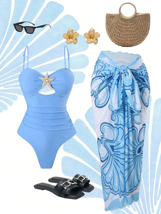 Swim Oasis Women Summer Beach Holiday Hollow-Out Starfish Decor Ruched Tummy Control One-Piece Swimsuit With Tie Waist Maxi Skirt