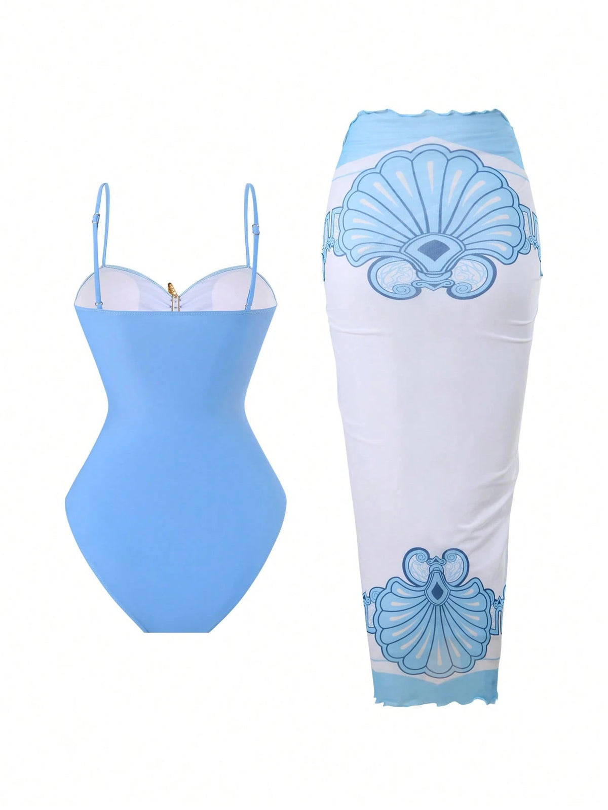 Swim Oasis Women Summer Beach Holiday Hollow-Out Starfish Decor Ruched Tummy Control One-Piece Swimsuit With Tie Waist Maxi Skirt