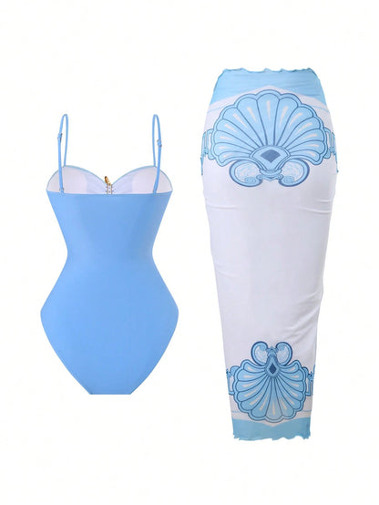 Swim Oasis Women Summer Beach Holiday Hollow-Out Starfish Decor Ruched Tummy Control One-Piece Swimsuit With Tie Waist Maxi Skirt