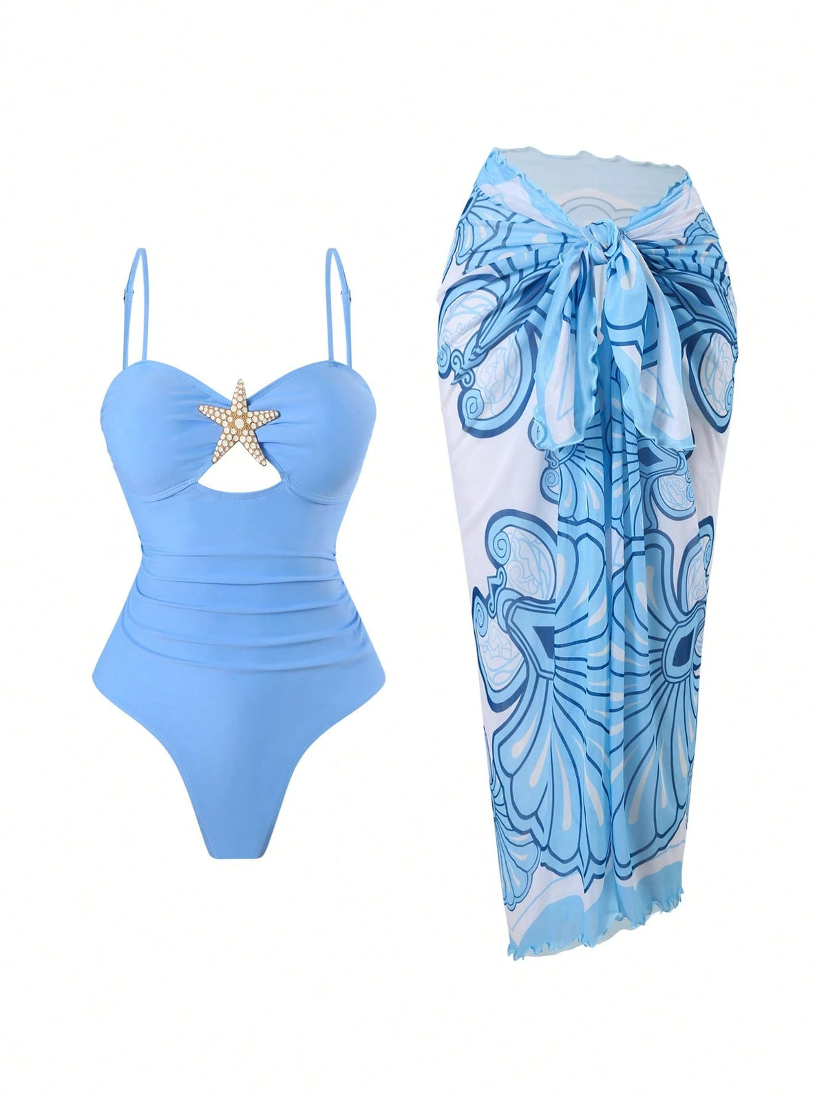 Swim Oasis Women Summer Beach Holiday Hollow-Out Starfish Decor Ruched Tummy Control One-Piece Swimsuit With Tie Waist Maxi Skirt