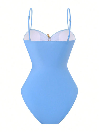 Swim Oasis Women Summer Beach Holiday Hollow-Out Starfish Decor Ruched Tummy Control One-Piece Swimsuit With Tie Waist Maxi Skirt
