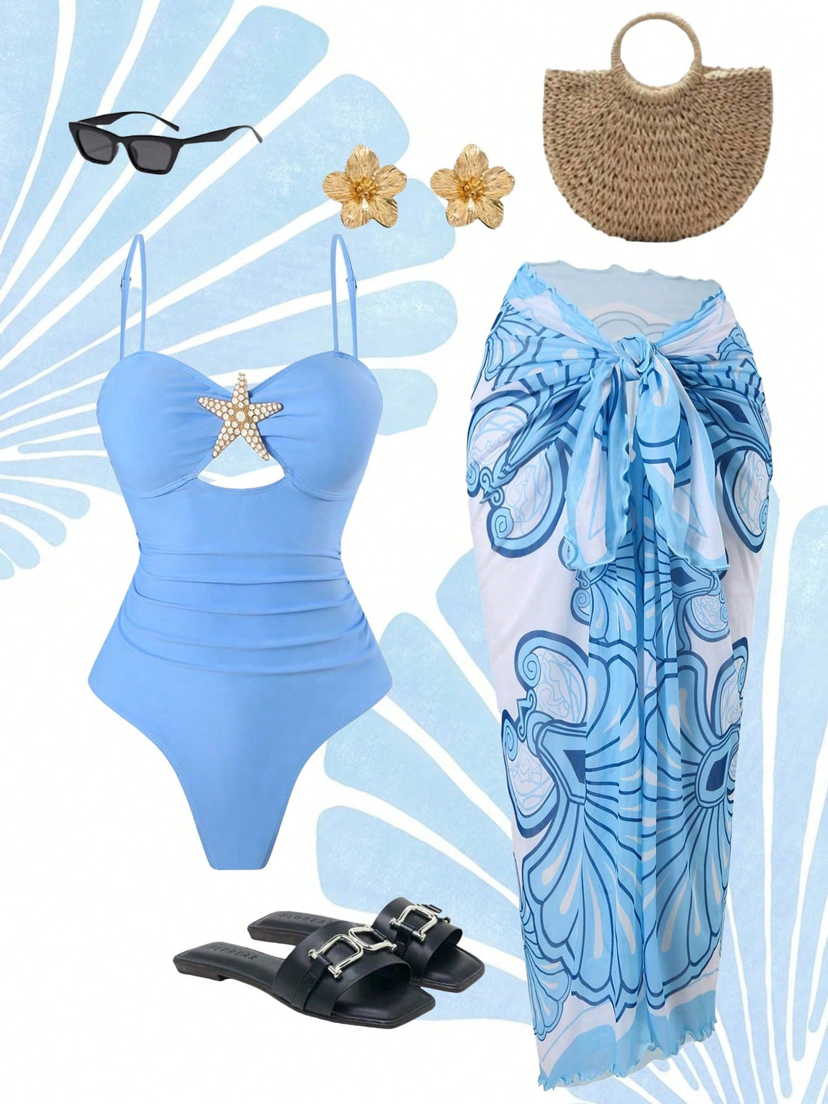 Swim Oasis Women Summer Beach Holiday Hollow-Out Starfish Decor Ruched Tummy Control One-Piece Swimsuit With Tie Waist Maxi Skirt