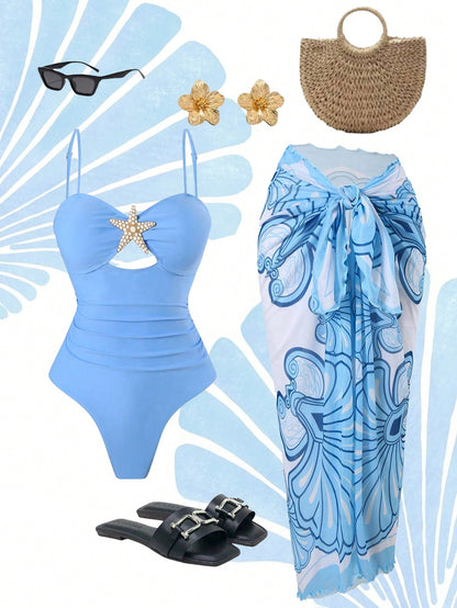 Swim Oasis Women Summer Beach Holiday Hollow-Out Starfish Decor Ruched Tummy Control One-Piece Swimsuit With Tie Waist Maxi Skirt