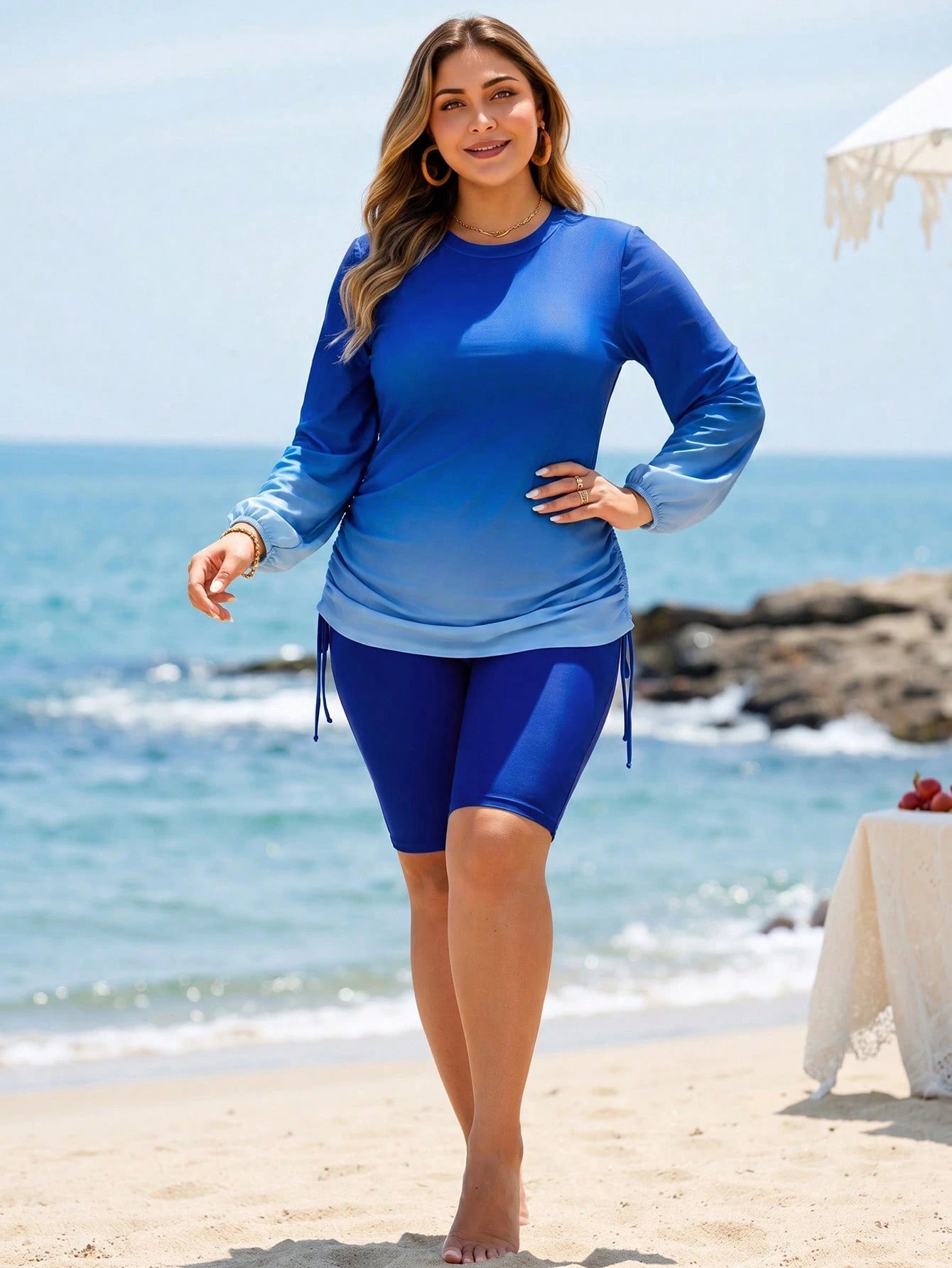 Swim Shayni 2026 New Plus Size Women Beach Wear Set, Round Neck Gradient Lantern Sleeve Drawstring Hem Top And Solid Color Knee-Length Shorts Bikini Swimwear