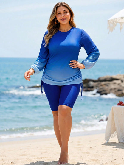 Swim Shayni 2026 New Plus Size Women Beach Wear Set, Round Neck Gradient Lantern Sleeve Drawstring Hem Top And Solid Color Knee-Length Shorts Bikini Swimwear
