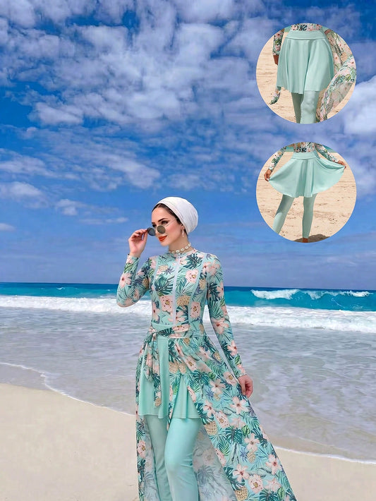 Swim Shayni Women's 4-Piece Set Tropical Floral Print Jumpsuit,Sheer Skirt,Slim Fit Pants,Mint Green,Summer,Modest,Beach,Holiday,Holiday Fashionable Swimwear